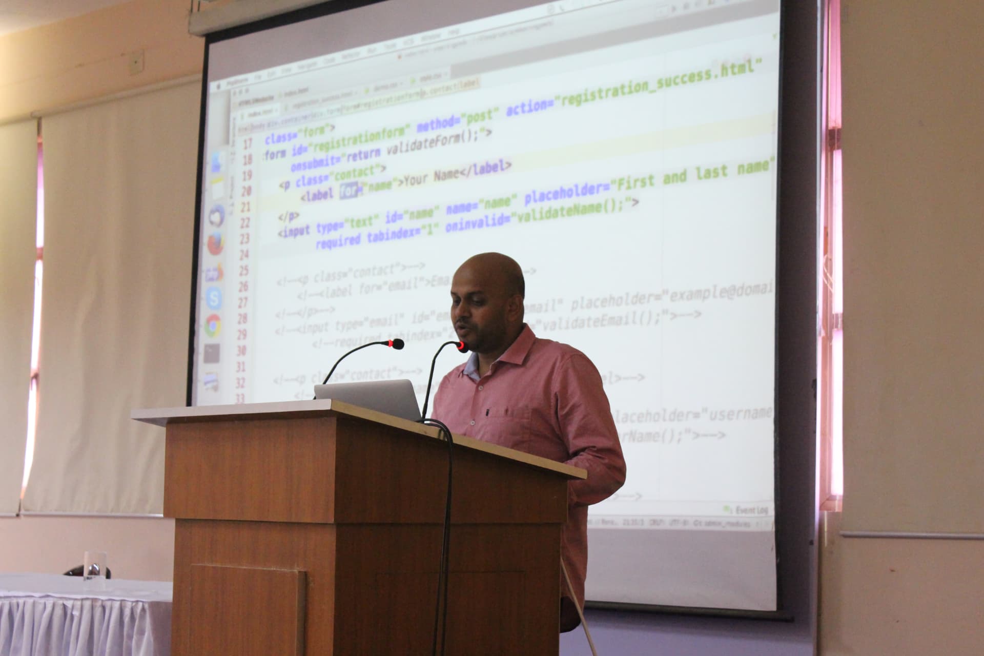 Suvendu Shekhar Giri presenting a web development session with live code at Trident Academy